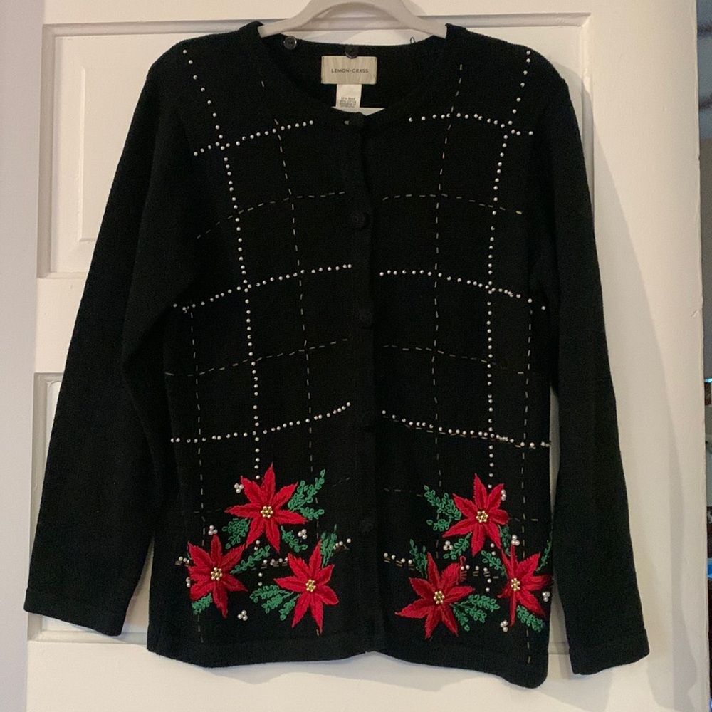 Vintage Lemon Grass Poinsettia Christmas Sweater Size Small